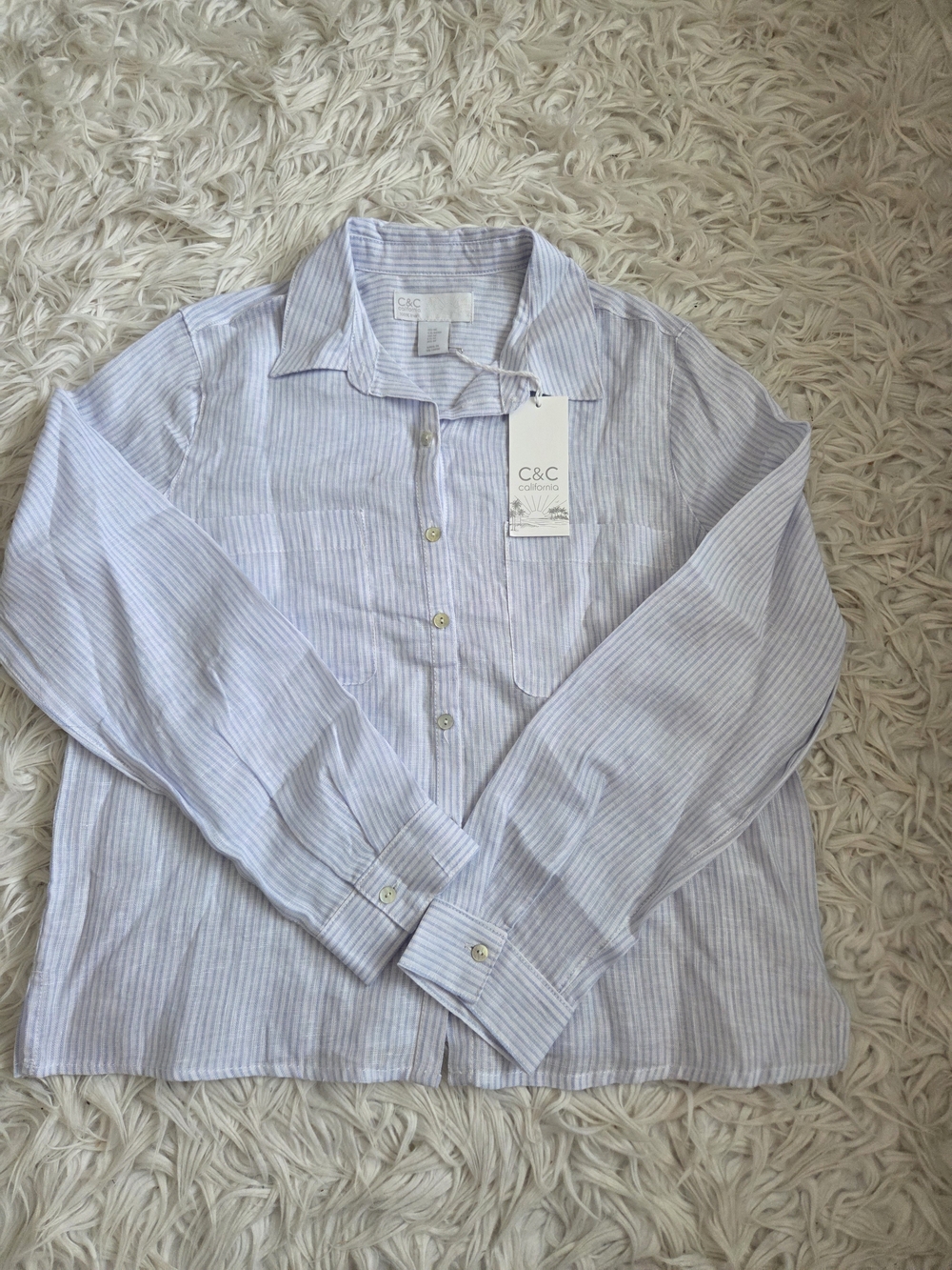 C&C California 100% Linen Striped Button Down Shirt Blue White Size M